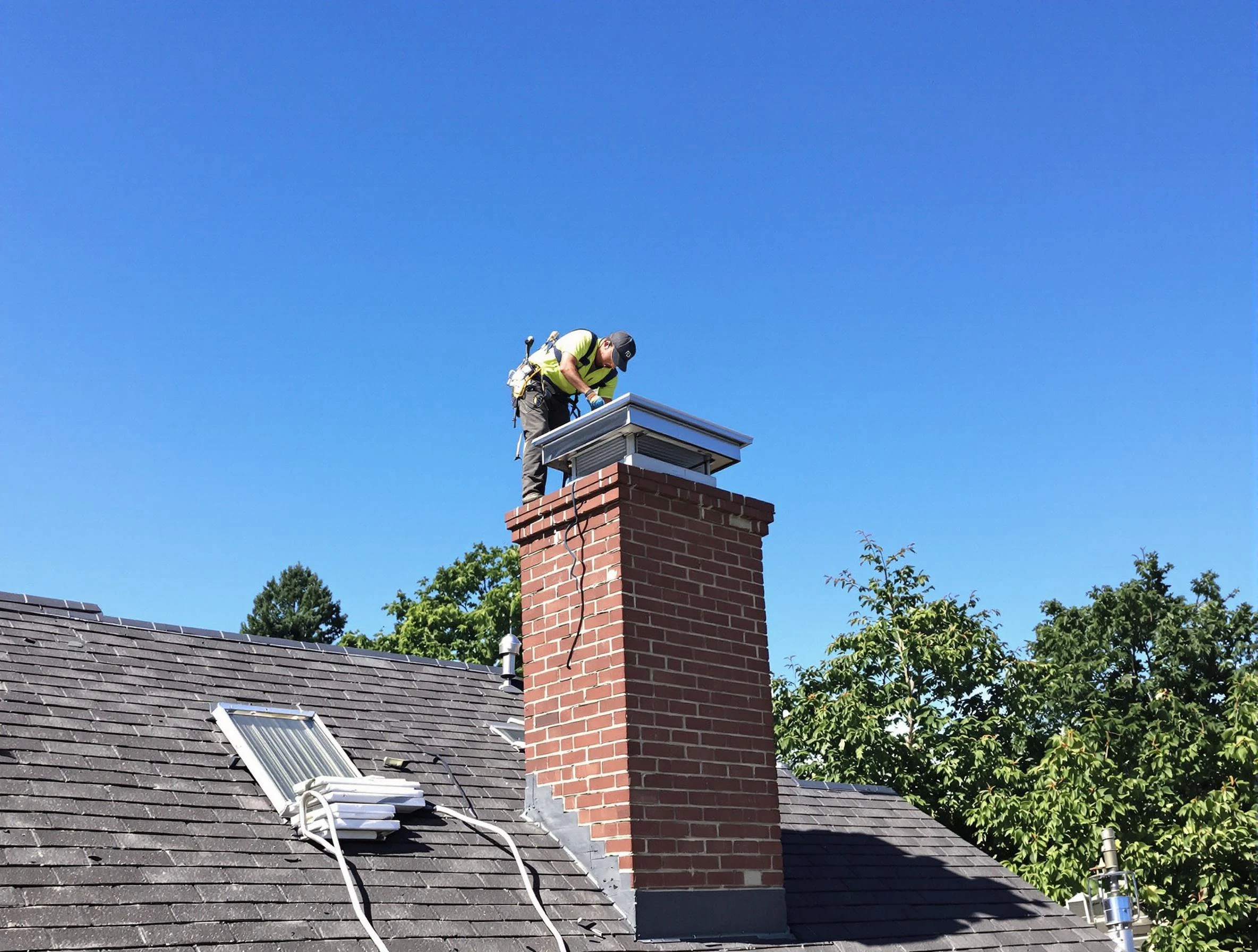 Chartiers Chimney Sweep technician measuring a chimney cap in Chartiers, PA
